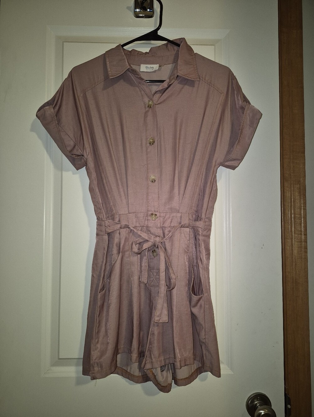 Bluivy Light Mauve Button-Front Short Romper with Tie Waist